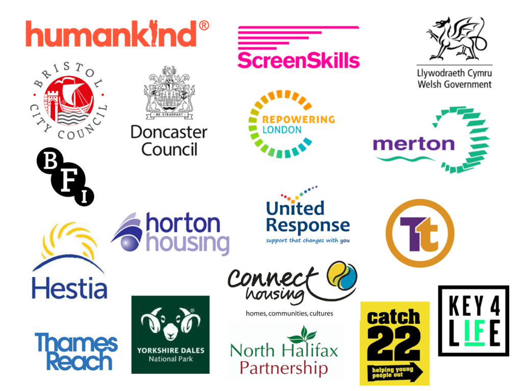 Image showing the logos of organisations i have worked with. These are: Humankind; Screenskills; Welsh Government; Bristol Council; Doncaster Council; Repowering London; Merton Council; BFI; Horton Housing; United Response; Taye Training; Hestia; Connect Housing; Thames Reach; Yorkshire Dales National Parks; North Halifax Partnership; Catch 22; key 4 Life 